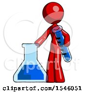 Red Design Mascot Woman Holding Test Tube Beside Beaker Or Flask