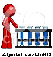 Red Design Mascot Man Using Test Tubes Or Vials On Rack