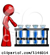 Poster, Art Print Of Red Design Mascot Woman Using Test Tubes Or Vials On Rack