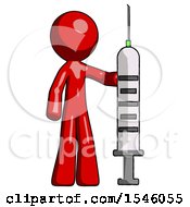 Red Design Mascot Man Holding Large Syringe