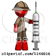 Red Explorer Ranger Man Holding Large Syringe