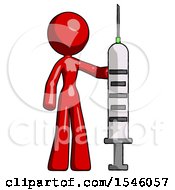 Red Design Mascot Woman Holding Large Syringe