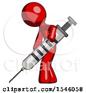 Red Design Mascot Man Using Syringe Giving Injection