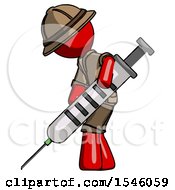 Poster, Art Print Of Red Explorer Ranger Man Using Syringe Giving Injection