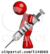 Poster, Art Print Of Red Design Mascot Woman Using Syringe Giving Injection