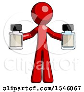 Red Design Mascot Man Holding Two Medicine Bottles