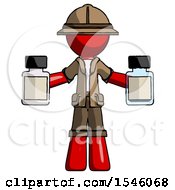 Poster, Art Print Of Red Explorer Ranger Man Holding Two Medicine Bottles