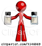 Red Design Mascot Woman Holding Two Medicine Bottles