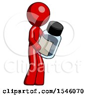 Red Design Mascot Man Holding Glass Medicine Bottle