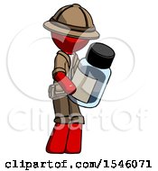Red Explorer Ranger Man Holding Glass Medicine Bottle