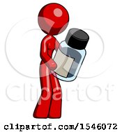 Red Design Mascot Woman Holding Glass Medicine Bottle
