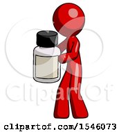 Red Design Mascot Man Holding White Medicine Bottle