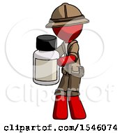 Red Explorer Ranger Man Holding White Medicine Bottle