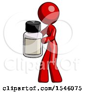 Red Design Mascot Woman Holding White Medicine Bottle