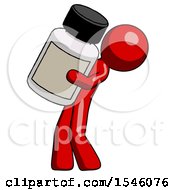 Red Design Mascot Man Holding Large White Medicine Bottle