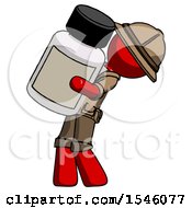 Red Explorer Ranger Man Holding Large White Medicine Bottle