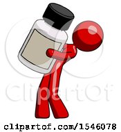 Red Design Mascot Woman Holding Large White Medicine Bottle