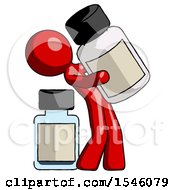 Red Design Mascot Man Holding Large White Medicine Bottle With Bottle In Background