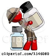 Poster, Art Print Of Red Explorer Ranger Man Holding Large White Medicine Bottle With Bottle In Background