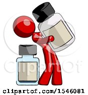 Red Design Mascot Woman Holding Large White Medicine Bottle With Bottle In Background