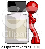 Red Design Mascot Man Leaning Against Large Medicine Bottle