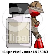 Red Explorer Ranger Man Leaning Against Large Medicine Bottle
