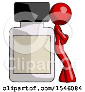 Red Design Mascot Woman Leaning Against Large Medicine Bottle