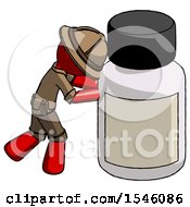 Red Explorer Ranger Man Pushing Large Medicine Bottle
