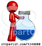 Red Design Mascot Man Standing Beside Large Round Flask Or Beaker