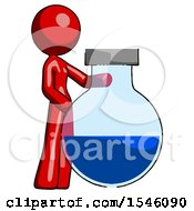 Red Design Mascot Woman Standing Beside Large Round Flask Or Beaker