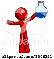 Red Design Mascot Man Holding Large Round Flask Or Beaker