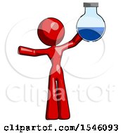 Red Design Mascot Woman Holding Large Round Flask Or Beaker