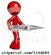 Poster, Art Print Of Red Design Mascot Man Walking With Large Thermometer