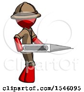 Red Explorer Ranger Man Walking With Large Thermometer