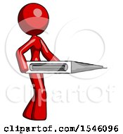 Poster, Art Print Of Red Design Mascot Woman Walking With Large Thermometer