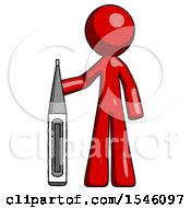 Red Design Mascot Man Standing With Large Thermometer