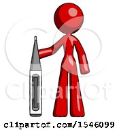 Poster, Art Print Of Red Design Mascot Woman Standing With Large Thermometer