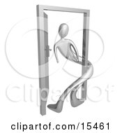 Silver Person Twisted Around The Frame Of An Open Door Symbolizing Lonliness Split Personalities Uncertainty And An Egotistical Person Clipart Illustration Image