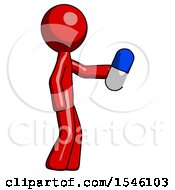 Red Design Mascot Man Holding Blue Pill Walking To Right