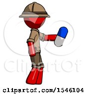 Poster, Art Print Of Red Explorer Ranger Man Holding Blue Pill Walking To Right