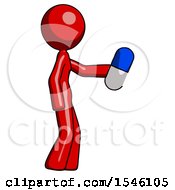 Red Design Mascot Woman Holding Blue Pill Walking To Right