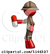 Red Explorer Ranger Man Holding Red Pill Walking To Left