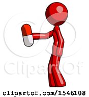 Red Design Mascot Woman Holding Red Pill Walking To Left