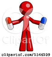 Red Design Mascot Man Holding A Red Pill And Blue Pill