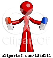 Red Design Mascot Woman Holding A Red Pill And Blue Pill