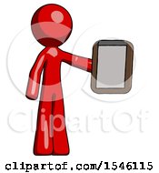 Poster, Art Print Of Red Design Mascot Man Showing Clipboard To Viewer