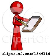 Red Design Mascot Woman Using Clipboard And Pencil
