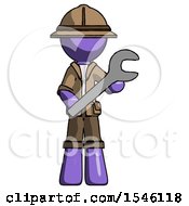 Poster, Art Print Of Purple Explorer Ranger Man Holding Large Wrench With Both Hands