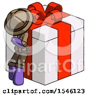 Poster, Art Print Of Purple Explorer Ranger Man Leaning On Gift With Red Bow Angle View
