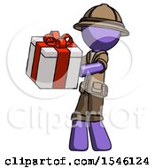 Purple Explorer Ranger Man Presenting A Present With Large Red Bow On It